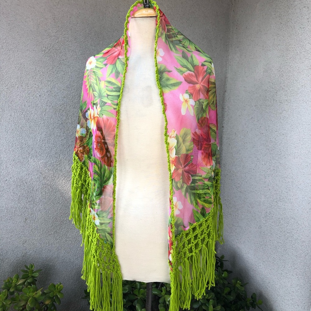Boho green pink sheer shawl wrap crochet OS